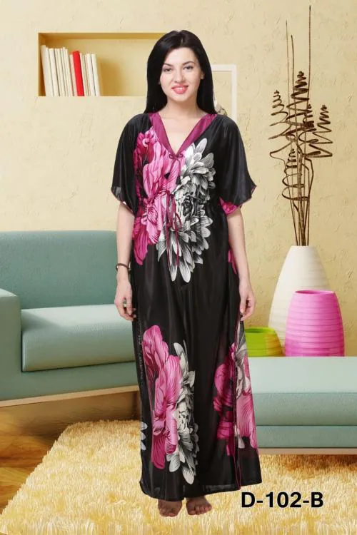 Satin Printed Full Length Kaftan Nighty - Pink