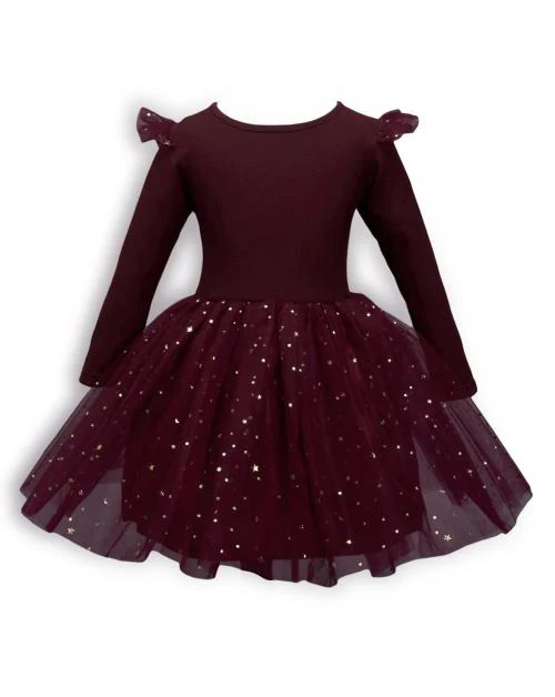 Hopscotch Girls Cotton Full-Sleeve All-Over Print Party Dress In Maroon Colour For Ages 2-3 Years (CDY-2622105)