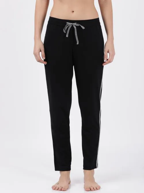 Jockey Style 1305 Women's Super Combed Cotton Rich Relaxed Fit Trackpants With Contrast Side Piping and Pockets - Black
