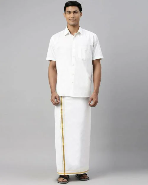 AGYES Men's White Dhoti with Golden Border 100% Cotton (2 MTR) (PACK OF 1 PCS)
