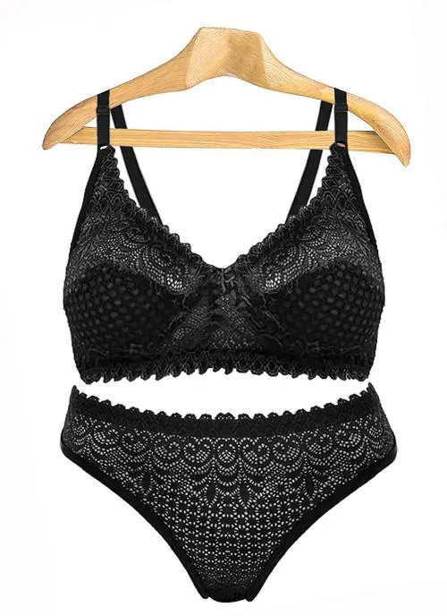 DHANDAI FASHION Women Black Self Design Lace Bra and Panty Set