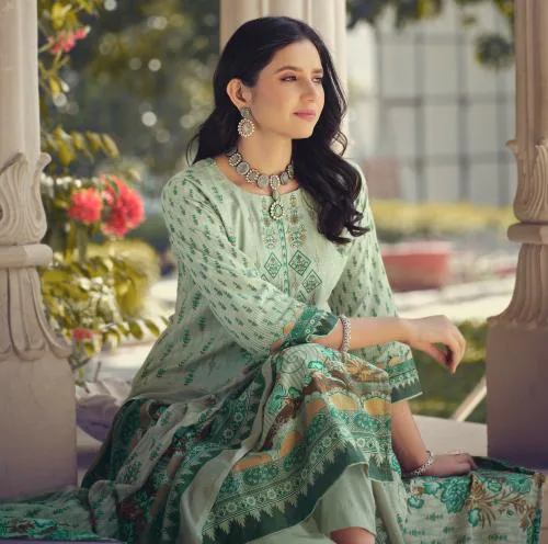 DRAVINAM Trends Unstitched Pakistani Print Embroidered Cotton Suit Dress Materials with Dupatta Unstitched Dress Material For Women (Green) (CBelNair6_10)