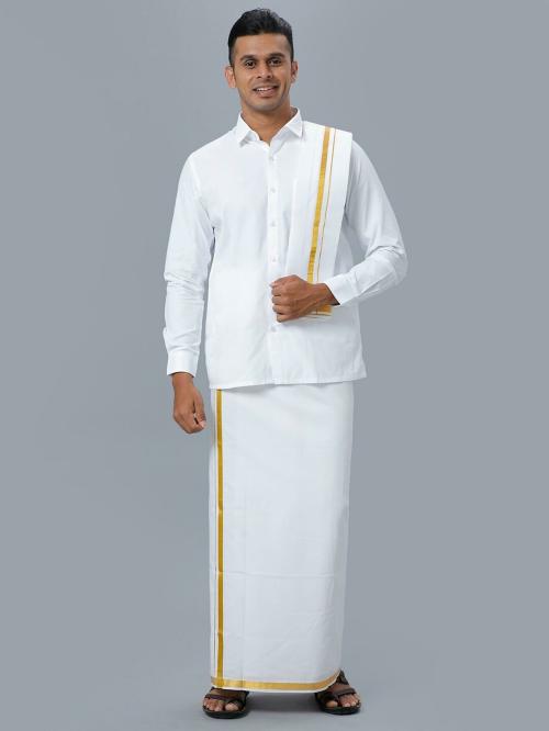 Ramraj Men Pure Cotton White Full Sleeves Shirt Solid With Double Dhoti, Towel And Belt.