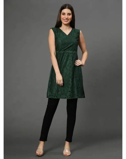Westhood Women Green Self Design Polyester A-line Dress - L