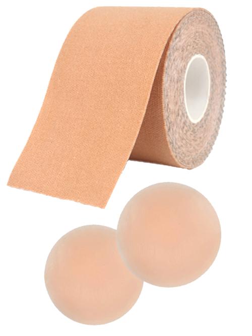 StyFun Women Cotton Spandex Boob Tape with Silicone Nipple Cover Fashion Body Breast Lift Tape for Bra Multipurpose Beige Set of 2 (1 Pair of Silicone Cup & 1 Boob Tape)