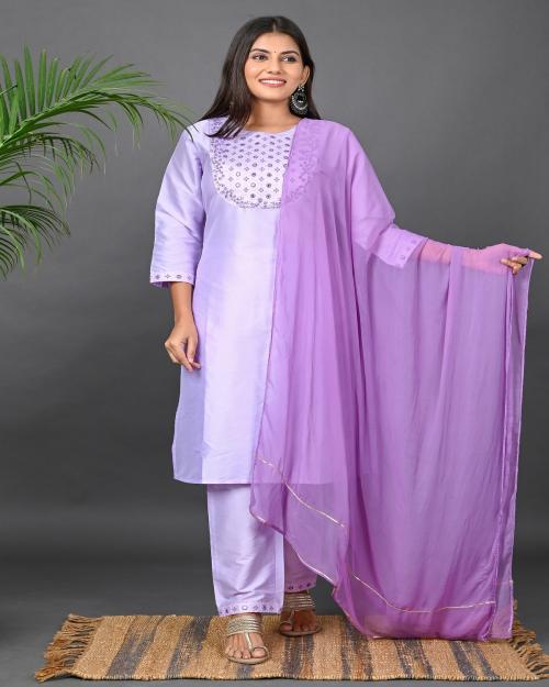 Riara Women's Art Silk Embroidered Mirror Work Kurta Pant with Chiffon Dupatta Chunni Set for Ladies