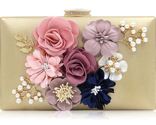 Tooba Handicraft Gold Synthetic Women Designer Clutch Bag With Chain Strap