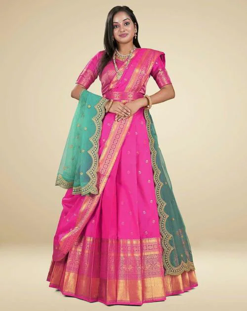 HALFSAREE STUDIO Traditional Banarasi Lehenga Choli In Rani Colour