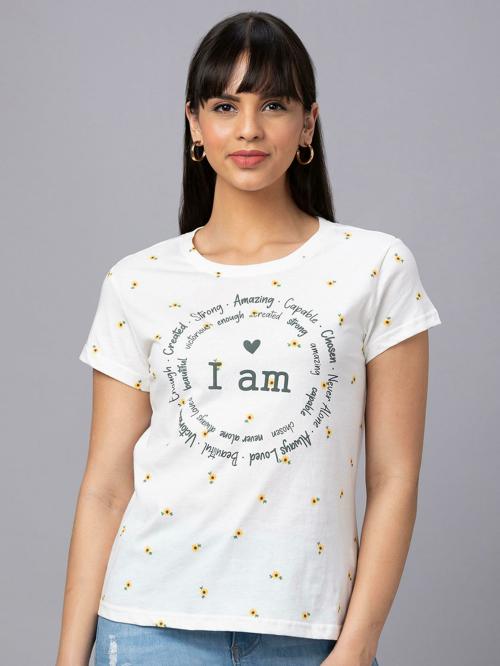 GLOBUS Women Off White Printed Cotton Round Neck Tshirt