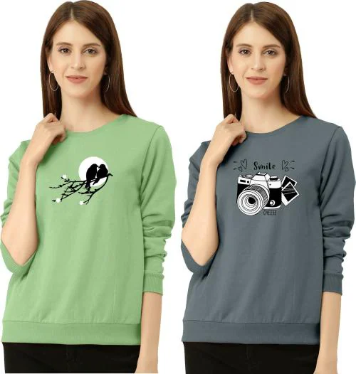 ZentWorld Women Pista, Grey Printed Cotton Blend pack of 2 Round Neck T-Shirts (L)