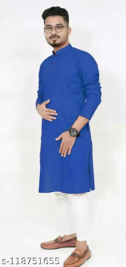 SONBAI Regular Fit Men Solid Cotton Blend Kurtas | Easy to Wear Ethnic Designer Kurtas for Men | Perfect for Any Occasion (BLUE) (XXL)