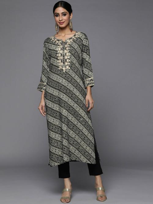 Varanga Grey And Black Bandhani Printed Kurta With Embroidered Yoke
