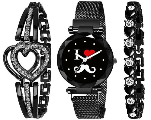 Rustet Multicolour Analogue Moustache Magnet Watch With Valentine Gift Bracelet For Women And Girls Combo of 3
