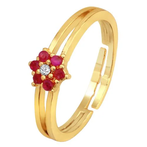 Mahi Gold Plated Floral Adjustable Finger Ring with Ruby and Crystal for Women (FR1103150GRed)