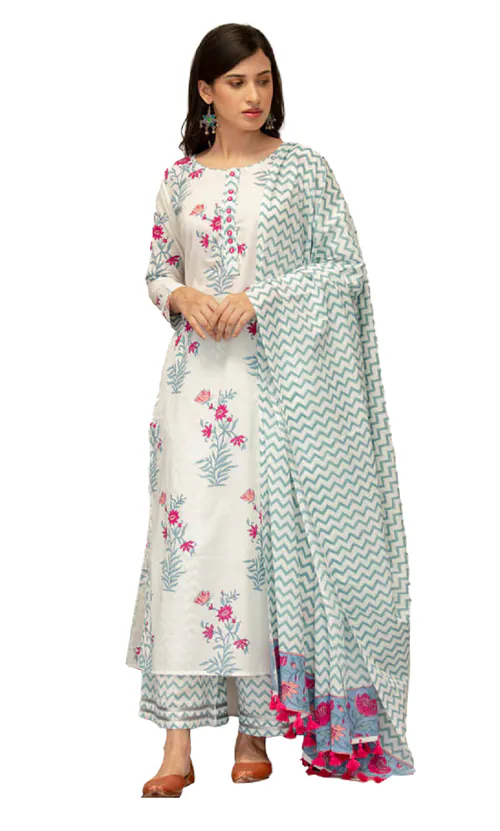 Clickedia Womens Fully Stitched Cotton Printed Straight Kurti in floral print with Palazzo Pants and Pom pom lace Dupatta Jaipuri Salwar Suit-L