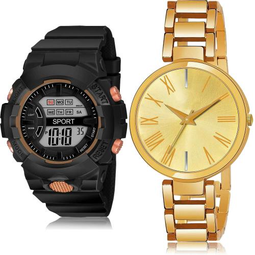 NEUTRON Best Wrist Digital Kids Watch And Simple Chain Black And Gold Colour Analog-Digital Plastic And Metal Belt 2 Watch Combo For Women And Girls - DG33-G613