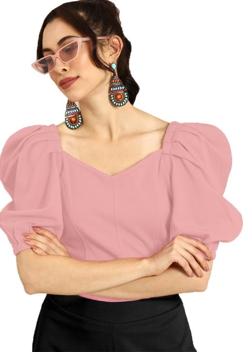 Clothzy Women's Crop Peach Color V Neck Half Sleeve Polyester Solid Top