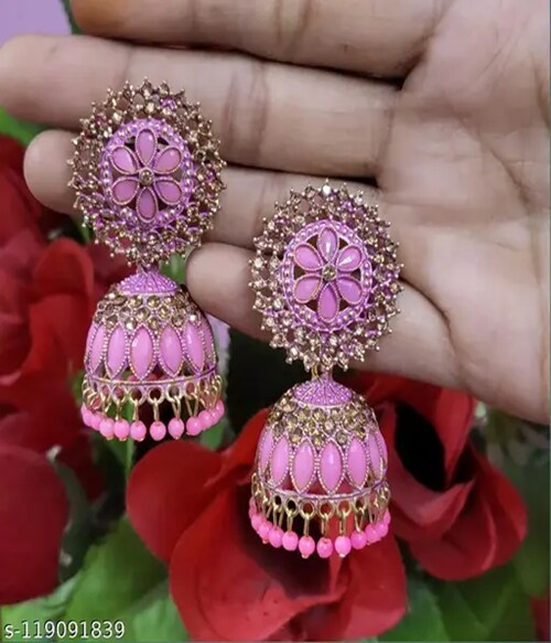DF STORE Sun Shape Lightweight Meena Work Silver Plating Oxidised Jhumki Jhumka Earring For Women Brass Jhumki Earring-Size-Free Size-Light Pink