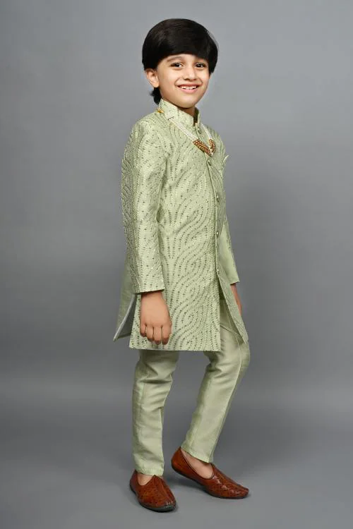 Ahhaaaa Kids Ethnic Silk Blend traditional Wear Sequin Print Indo-Western Sherwani Set For Boys