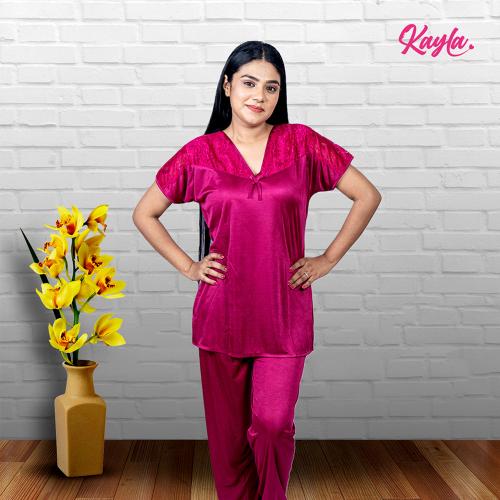 Kayla Silk Pajama Sets Stylish Top and Pant Comfortable Sleepwear Night Dresses Breathable Fabric with Pockets V neck [Cherry, Free Size]