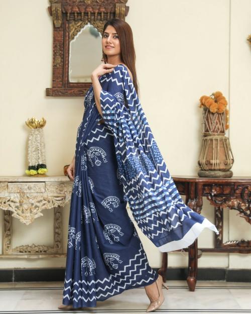 Shivanya Handicrafts Women's Hand block printed Linen fabric saree With Blouse Piece With attached tassels Traditional Jaipuri Print_SH-0685