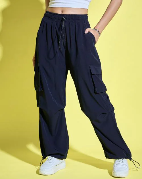 Buynewtrend Navy Women Loose Fit Parachute Trousers | High Waist Cargo Trouser Pant