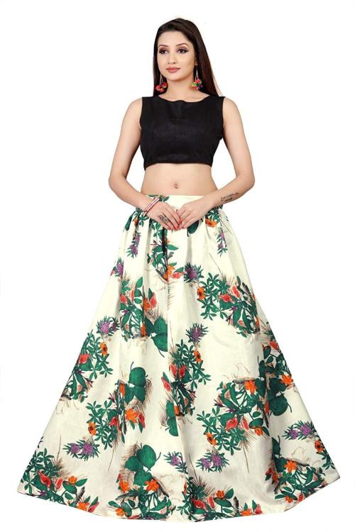 Zaqe Zone Women White Printed Satin Blend Lehenga and Crop Top