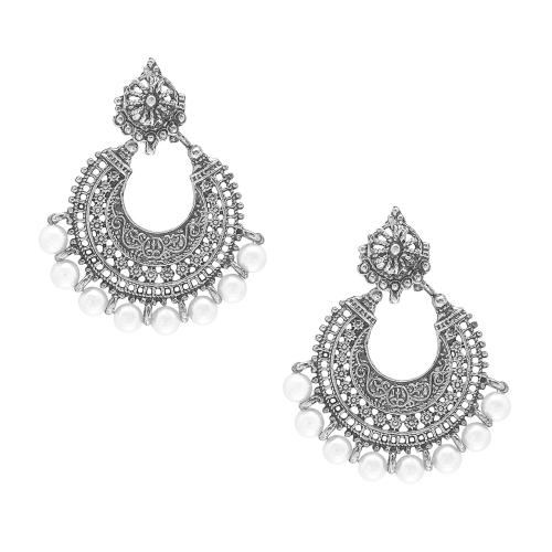 Bodha - By Shivansh Brass Antique Silver Hyderabadi Chandbali Earring With Pearls For Women