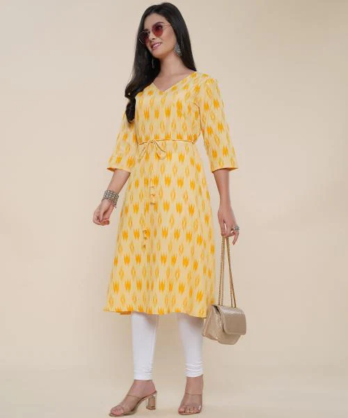 ANUSHIL Women Cotton Printed Angrakha Style V-Neck 3/4th Sleeves A-line Kurta for Girl's(Colour- Yellow, Size- S)