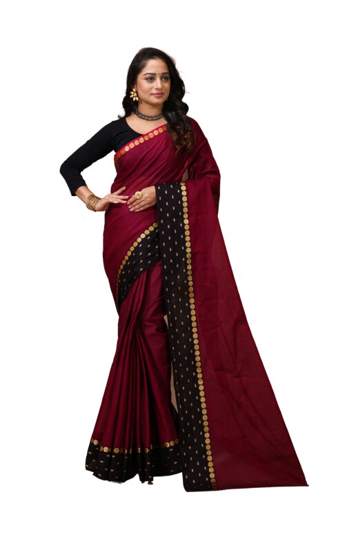 Esena Textiles Women's 100% Pure Cotton Mul Mul Saree Self Design Woven Black & Gold Border (Pink)