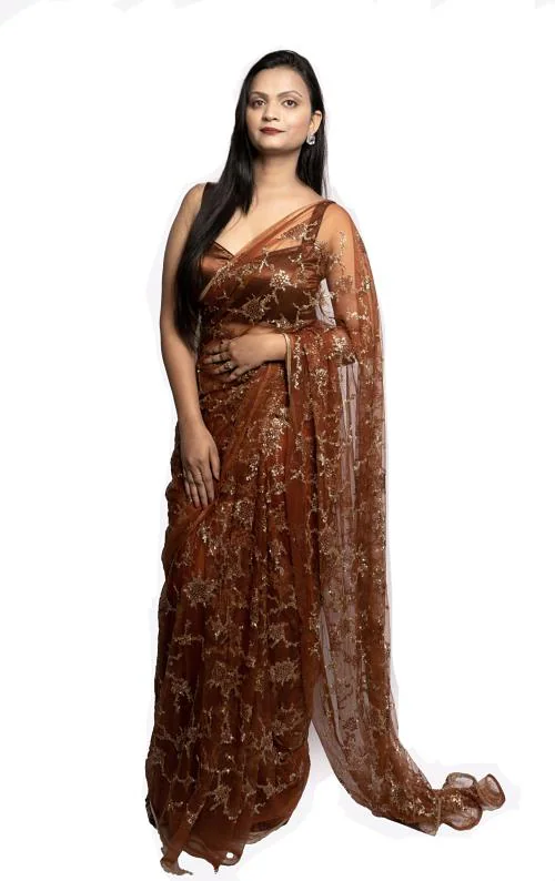 Wardrobe luxury women's Brown net sequin saree