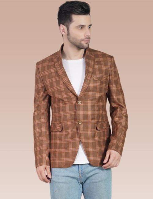 UBIC Checkered Single Breasted Casual, Formal, Party Men Blazer (Brown)