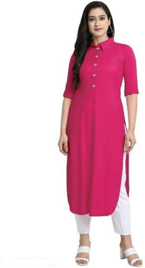 Jayu Fab Women Rani Pink Solid Viscose Rayon Straight Kurta