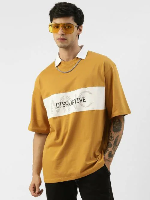 Maniac Mens Printed Polo Neck Half Sleeve Mustard Yellow Cotton Slim Fit T-Shirt