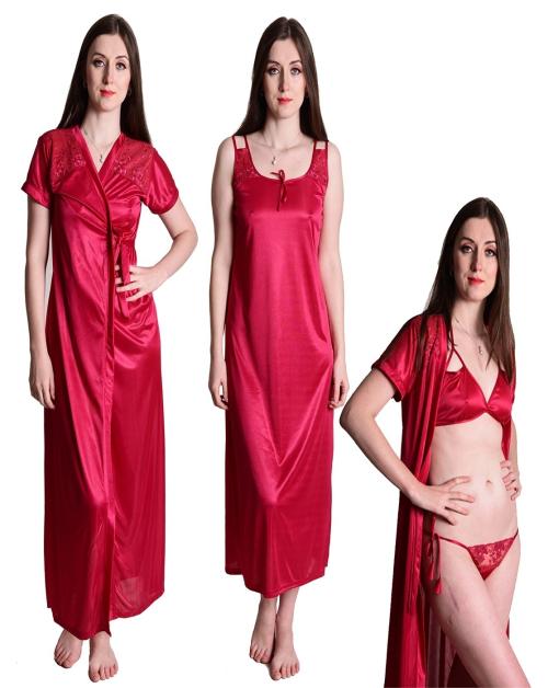Women's Satin Red Nightwear/Nightdress 4pc Set Nighty, Wrap Gown, Bra & Thong SL059 C