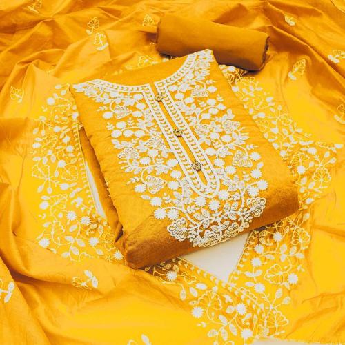THE WOMENS THREAD Women Yellow Embroidered Chanderi Unstitched Salwar Suit Material - Pathan1