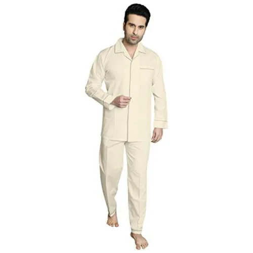 TATWAM Men Cream Cotton Nightsuit
