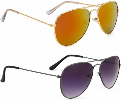 Elgator UV Protection Aviator Full-Frame Black And Yellow Sunglasses For Men And Women (Pack Of 2)