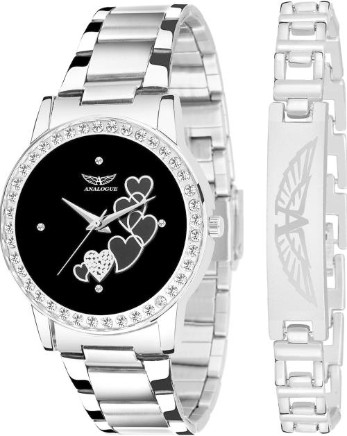 ANALOGUE Black Dial Silver Strap Analog Watch with Bracelet for Women