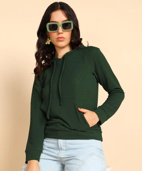 Popwings Women Casual Dark Green Solid Hooded Pocket Sweatshirt | Women Winter Wear Sweatshirt | Women Sweatshirt | Pocket Sweatshirt | Trendy Sweatshirt