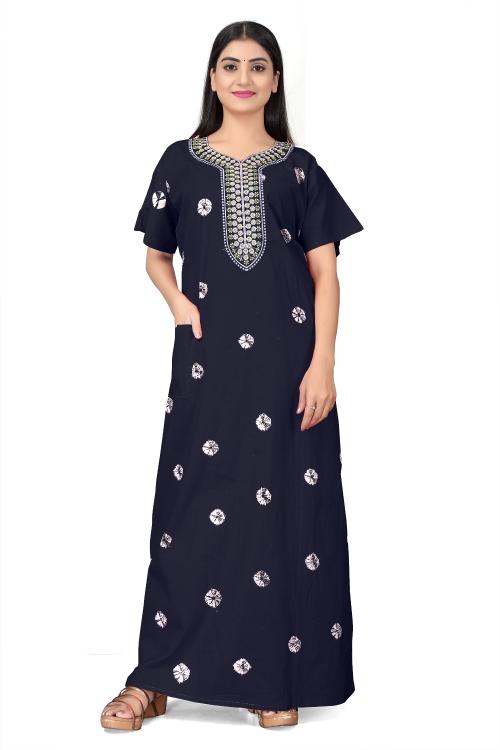 HAUTELOOK Stylish Women's Pure Cotton Nighty Gown with Fancy Bandhej Design Long Gala Flower Embellishments and Convenient Pocket Navy Blue(3XL)