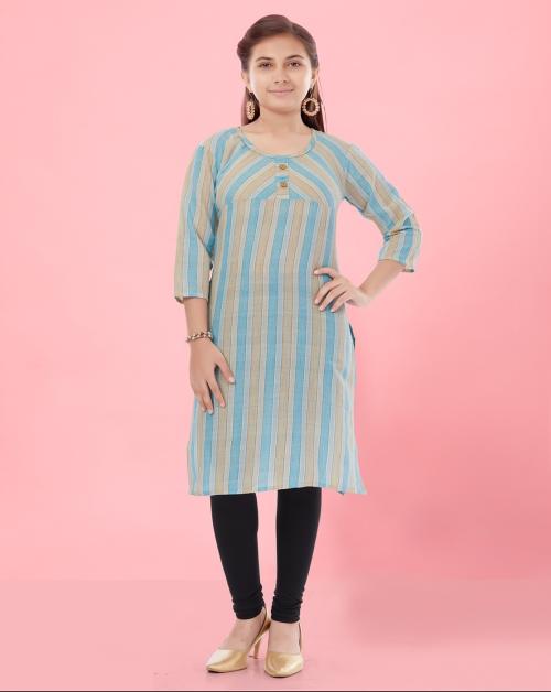 Aarika Girls Sky Blue-Black Colour Cotton Striped Kurti Legging Set