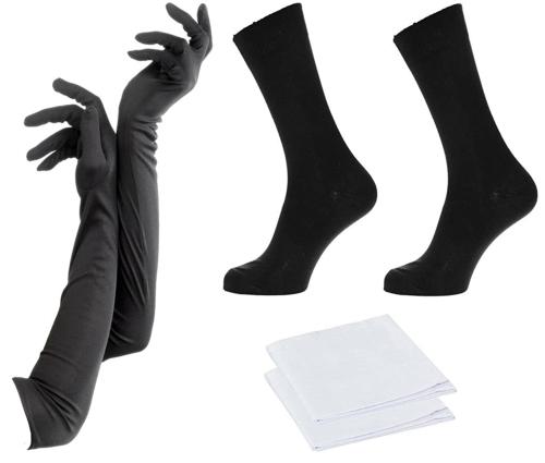 Cotson Men Combo Deal of 2 Pairs Black Cotton Socks, 2 pcs White Hand kerchiefs And 1 Pair Black Riding Gloves