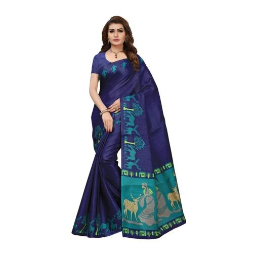 Grubstaker Women's Blue Khadi Silk Printed Saree With Blouse Piece