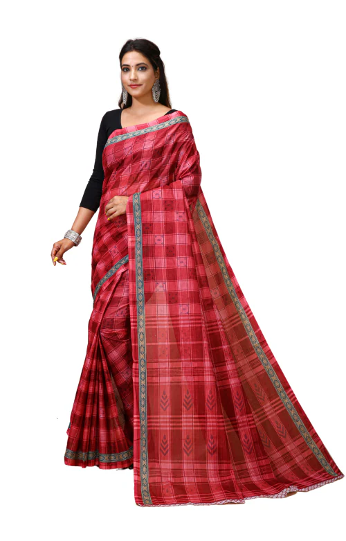 Esena Textiles Women's 100% Pure Cotton Checks Printed Mul Mul Saree (Maroon & Red)