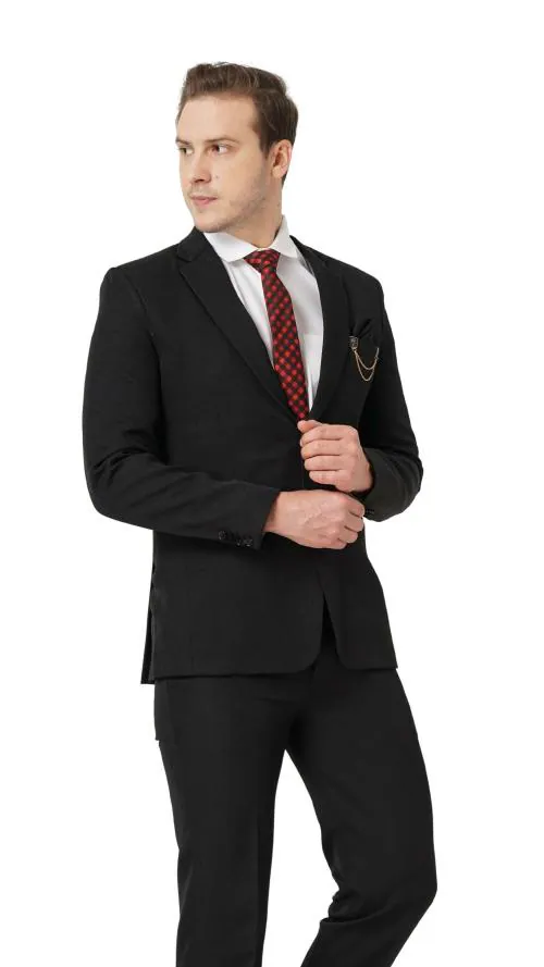 MR. DULHA Single Breasted Blazer Slim Fit Solid Men Suit Mens Self Design Formal Three Piece Set, Mens Wedding Suit, Suit for Engagement, Mens Suit for Office Wearing, Suit Set for Men-BLACK-36
