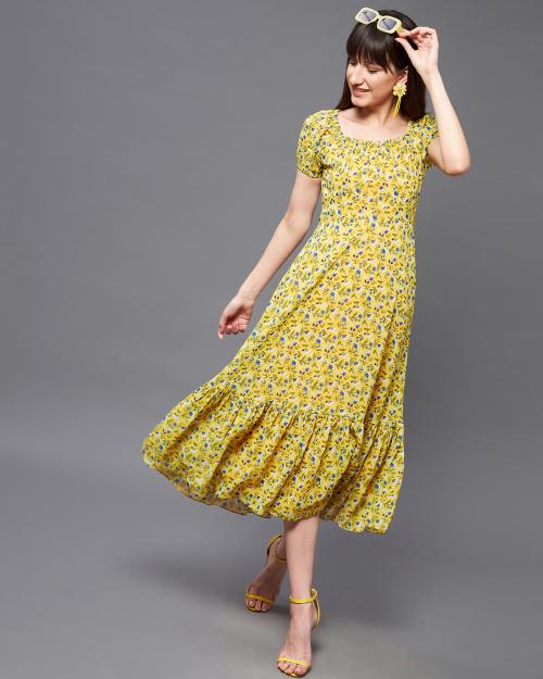 Miss Chase Women Yellow Floral Georgette Single Dress
