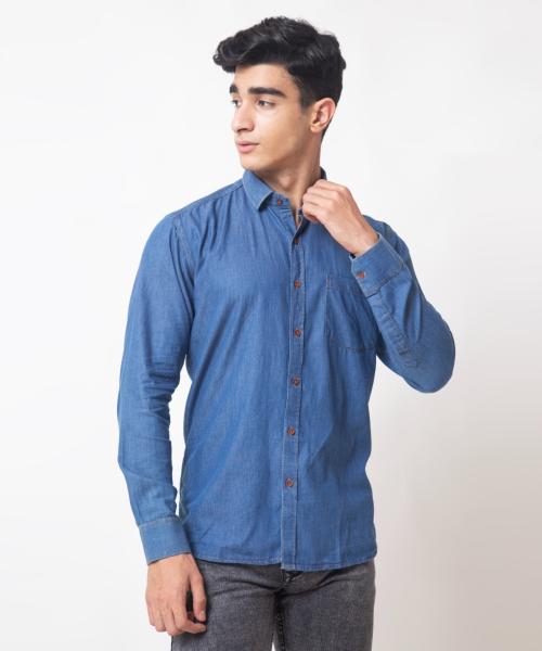 Oldenburg Solid Dark Blue Denim Chambray Full Sleeve Button-Down with Classic collor Mens Shirt