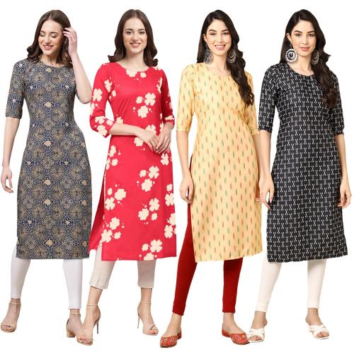 Ethnic Basket Women's Crepe Digital Print Straight Kurta {Pack Of 4} [S-341-380-360-362-XXL]