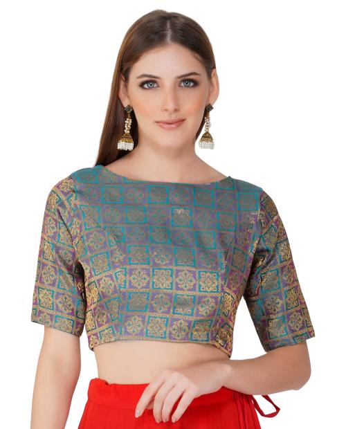 Fressia Fabrics Women's Readymade Party Wear Jacquard Boat Neck Saree Blouse